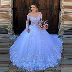 IS-NWT US14 Exquisite Long Sleeve Wedding Dress Elegant Off The Shoulder V Neck
